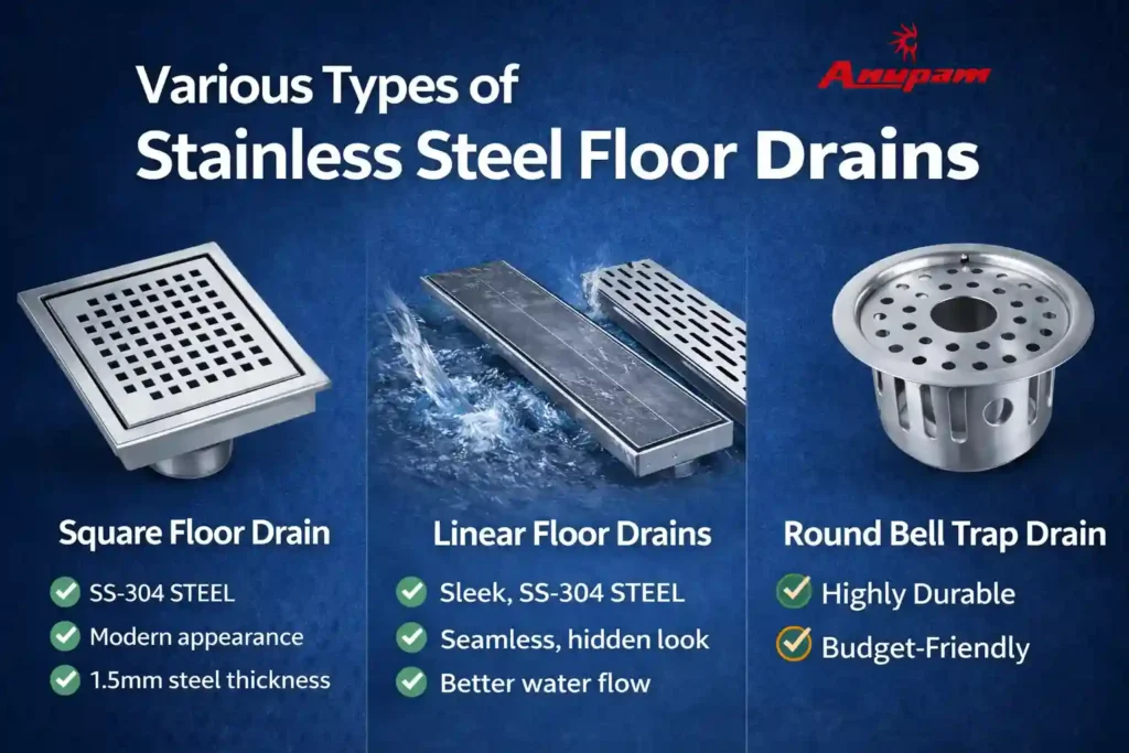 Various types of stainless steel drains