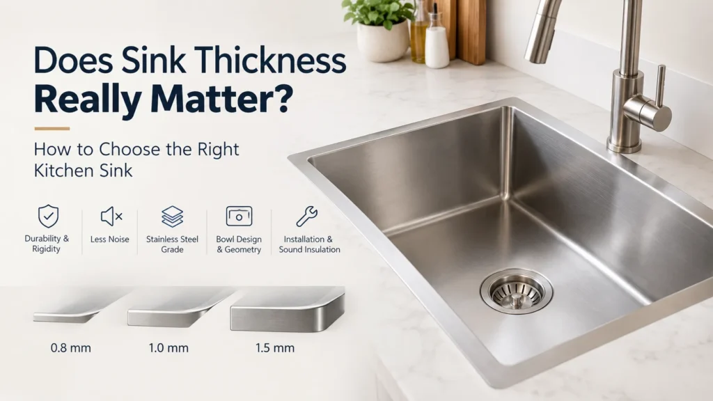 SEO Title: Kitchen Sink Thickness Guide: 0.8 mm vs 1.0 mm vs 1.5 mm Meta Description: Compare 0.8 mm, 1.0 mm and 1.5 mm kitchen sinks. Learn how thickness, stainless steel grade and construction affect your buying decision. URL Slug: /kitchen-sink-thickness-guide/ Primary Topic: Kitchen sink thickness Target Keywords: what is a good thickness for kitchen sink best type of kitchen sink material thickness of kitchen sink kitchen sink best thickness in mm Does Sink Thickness Really Matter? How to Choose the Right Kitchen Sink Choosing a kitchen sink involves more than selecting the right size, shape or finish. The thickness of the sink is another factor worth considering, especially if you use your kitchen frequently. You may come across stainless steel sinks listed as 0.8 mm, 1.0 mm or 1.5 mm thick. But does a thicker sink always mean a better sink? A thicker stainless steel offers many benefits provided that the steel grade, construction and other factors like geometry etc are compatible. Thickness can influence rigidity and how the sink feels during everyday use, while stainless steel grade, bowl design, installation and sound insulation also matter. In this guide, we’ll compare common kitchen sink thicknesses, explain what to look for before buying and help you choose an option that suits your kitchen and usage. What Is Kitchen Sink Thickness? Kitchen sink thickness refers to the thickness of the metal sheet used to manufacture the sink. It is usually measured in millimetres (mm). For example, a sink described as 1.0 mm thick uses metal with a nominal thickness of 1.0 mm, according to its product specification. The exact construction can vary between models, so it is worth checking how the manufacturer describes the thickness. Thickness is one useful specification when comparing stainless steel sinks, but it should be considered along with other factors as well when making a decision. 0.8 mm vs 1.0 mm vs 1.5 mm Kitchen Sink Thickness The right thickness depends on your budget, kitchen usage and the overall construction of the sink. The following table provides a practical starting point. Sink Thickness What to Consider Suitable Buying Approach 0.8 mm A thinner sheet of metal; check the sink’s rigidity, support and overall construction. Compare budget-friendly options. 1.0 mm A middle option between 0.8 mm and 1.5 mm in nominal sheet thickness. A practical choice for everyday use. 1.5 mm A thicker sheet of metal than 1.0 mm; assess the complete sink design and installation. Choose for greater rigidity and resistance to deformation. Understanding the difference: A nominal thickness of 1.0 mm is 25% greater than 0.8 mm. Similarly, 1.5 mm is 50% greater than 1.0 mm. These percentages represent the difference in stated material thickness. Thickness is an important factor in a stainless steel sink's structural rigidity and resistance to denting and deformation. However, the overall performance and service life of a sink also depend on its steel grade, design, construction, manufacturing quality and installation. 0.8 mm vs 1.0 mm: Which Should You Choose? The difference between 0.8 mm and 1.0 mm may seem small, but it can be worth considering when comparing similar sink designs. Before choosing, check: Rigidity: Compare how the bowl and surrounding structure are designed and supported. Bowl size: A larger bowl may have different structural requirements from a smaller one. Installation: Confirm that the sink is compatible with your countertop and mounting method. Overall construction: Check the steel grade, finish, edge design and any sound-reduction features. If two sinks have similar designs and specifications, thickness can help you distinguish between them. However, avoid making your decision on thickness alone. 1.0 mm vs 1.5 mm: Is the Thicker Option Better? A 1.5 mm sink has a greater nominal sheet thickness than a 1.0 mm sink. This can be an important specification for buyers who prefer a more substantial sink construction. However, the better choice depends on the complete product. A sink’s dimensions, bowl configuration, material grade, support and sound-insulation features can all influence its practical performance. How Does Sink Thickness Affect Everyday Use? 1. Greater Rigidity Thickness is one factor that can affect how rigid a metal sink feels. The shape of the bowl, folded edges, supporting structure and installation also influence its overall stability. When comparing products, consider both the stated thickness and the sink’s construction. 2. Reduced Noise and Vibration Water hitting a stainless steel bowl, dishes contacting the surface and utensils moving around can create noise. A thicker sheet may influence the way a sink responds to impact, but thickness alone does not determine how quiet it will be. Look for sound-suppression pads or undercoating where these features are important to you. Also check how the sink will be installed, as installation can affect vibration and sound. 3. Better Long-Term Performance A thicker sheet owing to its stiffness and strength helps the sink retain its shape/structure when subjected to everyday use. 4. Greater resistance to deformation The higher thickness helps resist bending/denting under higher loads. Before buying, confirm that the selected model fits your available space and installation requirements. What Is Good Thickness for a Kitchen Sink? For buyers who prioritise substantial construction, a 1.5 mm stainless steel bowl is worth considering. When combined with a 3.0 mm frame, quality stainless steel and careful manufacturing, it offers a compelling choice for a kitchen designed for years of everyday use. The right thickness for a stainless steel kitchen sink depends on its intended use, design and overall construction. While thinner steel can be suitable for lighter-duty applications, thicker steel generally offers greater structural rigidity and resistance to bending and deformation under comparable conditions. Use these points as a practical guide: For budget-focused shopping: Consider 0.8 mm options if you are looking for affordability. Check material specifications, construction and installation requirements. For a middle-ground option: Consider 1.0 mm models alongside their bowl dimensions, steel grade and included features. A good option offering practical functionality For buyers considering thicker construction: Go for 1.5mm models with a 3mm frame designed for a robust sink construction and strength. The best approach is to compare products with similar dimensions and configurations. This helps you evaluate thickness alongside other specifications instead of treating it as a standalone measure of quality. Stainless Steel Grade vs Thickness: What Matters More? Thickness and stainless steel grade describe different things. Thickness refers to how thick the metal sheet is. Steel grade identifies the material composition and its associated properties. For example, a product specification that lists AISI 304 stainless steel and a thickness of 1.0 mm provides two separate pieces of information. Neither specification should be used as a substitute for the other. When comparing the best type of kitchen sink material for your home, consider: The stainless steel grade stated by the manufacturer. The specified sheet thickness. The finish and overall construction. The sink’s dimensions and bowl configuration. The installation method and maintenance requirements. Any included sound-suppression features. For stainless steel sinks, checking both the material grade and thickness gives you a more complete basis for comparison. Kitchen Sink Buying Checklist Before purchasing a sink, review the following checklist: Thickness: Confirm the stated thickness in millimetres. Material: Check the stainless steel grade or other material specification. Dimensions: Measure the available countertop and cabinet space. Bowl configuration: Choose a single-bowl or double-bowl design according to your needs. Bowl depth: Check whether the depth suits your everyday washing tasks. Noise control: Look for sound-suppression pads or undercoating if required. Installation: Confirm the mounting type, cut-out requirements and support. Care instructions: Review the manufacturer's recommendations for cleaning and maintenance. Comparing these details will help you make a more informed decision than focusing on thickness alone. Comparing Anupam Sinks by Thickness If you are comparing stainless steel kitchen sinks, review the listed specifications of each model, including thickness, dimensions and included features. The following Anupam Sinks products provide examples of different stated thicknesses and configurations. Product Listed Thickness Overall Dimensions Configuration and Listed Features 202A Single Bowl with Drain Board 1.0 mm, AISI 304 36 × 18 inches Single bowl with drainboard; listed bowl size 16 × 14 inches and depth 8 inches. PS741SS Single Bowl Sink 1.5 mm, AISI 304 24 × 20 inches Single bowl; listed bowl size 22 × 16 inches, depth 10 inches, sound-suppression pads and undercoating. PS736LX Double Bowl Sink 1.5 mm bowls and 3 mm frame, as listed 36 × 20 inches Double-bowl design with Aqua Divide feature; listed bowl size 17 × 18 inches and depth 10 inches. Product specifications can change. Confirm the latest details on the individual product page before purchasing, and check the listed dimensions carefully to ensure the sink fits your kitchen. Explore more options: Browse the Anupam Sinks kitchen sink collection to compare available designs and specifications. Frequently Asked Questions 1. What is a good thickness for a kitchen sink? For a stainless steel kitchen sink, 1.0 mm to 1.5 mm is worth considering if you prioritise substantial construction and durability. The right choice depends on your kitchen's needs, the sink's design and the quality of its materials. 2. Is a 1.0 mm kitchen sink thick enough? Yes, a 1.0 mm stainless steel kitchen sink can be sufficiently thick for everyday household use, provided it is made from quality stainless steel and has a well-designed, properly manufactured construction. 3. Is a 1.5 mm stainless steel sink always better than a 1.0 mm sink? Yes, thickness does make a difference. Compared with a 1.0 mm sink, a 1.5 mm sink has 50% greater nominal sheet thickness and can offer greater structural rigidity and resistance to bending and deformation under comparable conditions. 4. Does a thicker kitchen sink make less noise? A thicker steel sink can help reduce the vibration/noise produced when the water and utensils hit the surface. Thickness alone cannot influence. When combined with sound-suppression pads, undercoating, bowl design and installation it makes the most difference. 5. What is the best type of material for a kitchen sink? Stainless steel in grade 304 is one of the most popular and practical choices due to its corrosion resistance properties, hygienic surface and easy maintenance. If your kitchen is exposed to unusually corrosive conditions, SS 316 may be worth considering. 6. Should I choose a sink based only on thickness? Thickness is one useful specification, but you should also compare material grade, dimensions, bowl depth, configuration, installation requirements and available features. Conclusion Kitchen sink thickness matters, but it is only one part of the buying decision. Comparing 0.8 mm, 1.0 mm and 1.5 mm options can help you understand the stated construction of different sinks, while material grade, design, installation and sound-control features provide additional context. Before choosing a kitchen sink, review its full specifications and make sure the dimensions and configuration suit your kitchen. Sink Thickness Really Matter