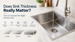SEO Title: Kitchen Sink Thickness Guide: 0.8 mm vs 1.0 mm vs 1.5 mm Meta Description: Compare 0.8 mm, 1.0 mm and 1.5 mm kitchen sinks. Learn how thickness, stainless steel grade and construction affect your buying decision. URL Slug: /kitchen-sink-thickness-guide/ Primary Topic: Kitchen sink thickness Target Keywords: what is a good thickness for kitchen sink best type of kitchen sink material thickness of kitchen sink kitchen sink best thickness in mm Does Sink Thickness Really Matter? How to Choose the Right Kitchen Sink Choosing a kitchen sink involves more than selecting the right size, shape or finish. The thickness of the sink is another factor worth considering, especially if you use your kitchen frequently. You may come across stainless steel sinks listed as 0.8 mm, 1.0 mm or 1.5 mm thick. But does a thicker sink always mean a better sink? A thicker stainless steel offers many benefits provided that the steel grade, construction and other factors like geometry etc are compatible. Thickness can influence rigidity and how the sink feels during everyday use, while stainless steel grade, bowl design, installation and sound insulation also matter. In this guide, we’ll compare common kitchen sink thicknesses, explain what to look for before buying and help you choose an option that suits your kitchen and usage. What Is Kitchen Sink Thickness? Kitchen sink thickness refers to the thickness of the metal sheet used to manufacture the sink. It is usually measured in millimetres (mm). For example, a sink described as 1.0 mm thick uses metal with a nominal thickness of 1.0 mm, according to its product specification. The exact construction can vary between models, so it is worth checking how the manufacturer describes the thickness. Thickness is one useful specification when comparing stainless steel sinks, but it should be considered along with other factors as well when making a decision. 0.8 mm vs 1.0 mm vs 1.5 mm Kitchen Sink Thickness The right thickness depends on your budget, kitchen usage and the overall construction of the sink. The following table provides a practical starting point. Sink Thickness What to Consider Suitable Buying Approach 0.8 mm A thinner sheet of metal; check the sink’s rigidity, support and overall construction. Compare budget-friendly options. 1.0 mm A middle option between 0.8 mm and 1.5 mm in nominal sheet thickness. A practical choice for everyday use. 1.5 mm A thicker sheet of metal than 1.0 mm; assess the complete sink design and installation. Choose for greater rigidity and resistance to deformation. Understanding the difference: A nominal thickness of 1.0 mm is 25% greater than 0.8 mm. Similarly, 1.5 mm is 50% greater than 1.0 mm. These percentages represent the difference in stated material thickness. Thickness is an important factor in a stainless steel sink's structural rigidity and resistance to denting and deformation. However, the overall performance and service life of a sink also depend on its steel grade, design, construction, manufacturing quality and installation. 0.8 mm vs 1.0 mm: Which Should You Choose? The difference between 0.8 mm and 1.0 mm may seem small, but it can be worth considering when comparing similar sink designs. Before choosing, check: Rigidity: Compare how the bowl and surrounding structure are designed and supported. Bowl size: A larger bowl may have different structural requirements from a smaller one. Installation: Confirm that the sink is compatible with your countertop and mounting method. Overall construction: Check the steel grade, finish, edge design and any sound-reduction features. If two sinks have similar designs and specifications, thickness can help you distinguish between them. However, avoid making your decision on thickness alone. 1.0 mm vs 1.5 mm: Is the Thicker Option Better? A 1.5 mm sink has a greater nominal sheet thickness than a 1.0 mm sink. This can be an important specification for buyers who prefer a more substantial sink construction. However, the better choice depends on the complete product. A sink’s dimensions, bowl configuration, material grade, support and sound-insulation features can all influence its practical performance. How Does Sink Thickness Affect Everyday Use? 1. Greater Rigidity Thickness is one factor that can affect how rigid a metal sink feels. The shape of the bowl, folded edges, supporting structure and installation also influence its overall stability. When comparing products, consider both the stated thickness and the sink’s construction. 2. Reduced Noise and Vibration Water hitting a stainless steel bowl, dishes contacting the surface and utensils moving around can create noise. A thicker sheet may influence the way a sink responds to impact, but thickness alone does not determine how quiet it will be. Look for sound-suppression pads or undercoating where these features are important to you. Also check how the sink will be installed, as installation can affect vibration and sound. 3. Better Long-Term Performance A thicker sheet owing to its stiffness and strength helps the sink retain its shape/structure when subjected to everyday use. 4. Greater resistance to deformation The higher thickness helps resist bending/denting under higher loads. Before buying, confirm that the selected model fits your available space and installation requirements. What Is Good Thickness for a Kitchen Sink? For buyers who prioritise substantial construction, a 1.5 mm stainless steel bowl is worth considering. When combined with a 3.0 mm frame, quality stainless steel and careful manufacturing, it offers a compelling choice for a kitchen designed for years of everyday use. The right thickness for a stainless steel kitchen sink depends on its intended use, design and overall construction. While thinner steel can be suitable for lighter-duty applications, thicker steel generally offers greater structural rigidity and resistance to bending and deformation under comparable conditions. Use these points as a practical guide: For budget-focused shopping: Consider 0.8 mm options if you are looking for affordability. Check material specifications, construction and installation requirements. For a middle-ground option: Consider 1.0 mm models alongside their bowl dimensions, steel grade and included features. A good option offering practical functionality For buyers considering thicker construction: Go for 1.5mm models with a 3mm frame designed for a robust sink construction and strength. The best approach is to compare products with similar dimensions and configurations. This helps you evaluate thickness alongside other specifications instead of treating it as a standalone measure of quality. Stainless Steel Grade vs Thickness: What Matters More? Thickness and stainless steel grade describe different things. Thickness refers to how thick the metal sheet is. Steel grade identifies the material composition and its associated properties. For example, a product specification that lists AISI 304 stainless steel and a thickness of 1.0 mm provides two separate pieces of information. Neither specification should be used as a substitute for the other. When comparing the best type of kitchen sink material for your home, consider: The stainless steel grade stated by the manufacturer. The specified sheet thickness. The finish and overall construction. The sink’s dimensions and bowl configuration. The installation method and maintenance requirements. Any included sound-suppression features. For stainless steel sinks, checking both the material grade and thickness gives you a more complete basis for comparison. Kitchen Sink Buying Checklist Before purchasing a sink, review the following checklist: Thickness: Confirm the stated thickness in millimetres. Material: Check the stainless steel grade or other material specification. Dimensions: Measure the available countertop and cabinet space. Bowl configuration: Choose a single-bowl or double-bowl design according to your needs. Bowl depth: Check whether the depth suits your everyday washing tasks. Noise control: Look for sound-suppression pads or undercoating if required. Installation: Confirm the mounting type, cut-out requirements and support. Care instructions: Review the manufacturer's recommendations for cleaning and maintenance. Comparing these details will help you make a more informed decision than focusing on thickness alone. Comparing Anupam Sinks by Thickness If you are comparing stainless steel kitchen sinks, review the listed specifications of each model, including thickness, dimensions and included features. The following Anupam Sinks products provide examples of different stated thicknesses and configurations. Product Listed Thickness Overall Dimensions Configuration and Listed Features 202A Single Bowl with Drain Board 1.0 mm, AISI 304 36 × 18 inches Single bowl with drainboard; listed bowl size 16 × 14 inches and depth 8 inches. PS741SS Single Bowl Sink 1.5 mm, AISI 304 24 × 20 inches Single bowl; listed bowl size 22 × 16 inches, depth 10 inches, sound-suppression pads and undercoating. PS736LX Double Bowl Sink 1.5 mm bowls and 3 mm frame, as listed 36 × 20 inches Double-bowl design with Aqua Divide feature; listed bowl size 17 × 18 inches and depth 10 inches. Product specifications can change. Confirm the latest details on the individual product page before purchasing, and check the listed dimensions carefully to ensure the sink fits your kitchen. Explore more options: Browse the Anupam Sinks kitchen sink collection to compare available designs and specifications. Frequently Asked Questions 1. What is a good thickness for a kitchen sink? For a stainless steel kitchen sink, 1.0 mm to 1.5 mm is worth considering if you prioritise substantial construction and durability. The right choice depends on your kitchen's needs, the sink's design and the quality of its materials. 2. Is a 1.0 mm kitchen sink thick enough? Yes, a 1.0 mm stainless steel kitchen sink can be sufficiently thick for everyday household use, provided it is made from quality stainless steel and has a well-designed, properly manufactured construction. 3. Is a 1.5 mm stainless steel sink always better than a 1.0 mm sink? Yes, thickness does make a difference. Compared with a 1.0 mm sink, a 1.5 mm sink has 50% greater nominal sheet thickness and can offer greater structural rigidity and resistance to bending and deformation under comparable conditions. 4. Does a thicker kitchen sink make less noise? A thicker steel sink can help reduce the vibration/noise produced when the water and utensils hit the surface. Thickness alone cannot influence. When combined with sound-suppression pads, undercoating, bowl design and installation it makes the most difference. 5. What is the best type of material for a kitchen sink? Stainless steel in grade 304 is one of the most popular and practical choices due to its corrosion resistance properties, hygienic surface and easy maintenance. If your kitchen is exposed to unusually corrosive conditions, SS 316 may be worth considering. 6. Should I choose a sink based only on thickness? Thickness is one useful specification, but you should also compare material grade, dimensions, bowl depth, configuration, installation requirements and available features. Conclusion Kitchen sink thickness matters, but it is only one part of the buying decision. Comparing 0.8 mm, 1.0 mm and 1.5 mm options can help you understand the stated construction of different sinks, while material grade, design, installation and sound-control features provide additional context. Before choosing a kitchen sink, review its full specifications and make sure the dimensions and configuration suit your kitchen. Sink Thickness Really Matter