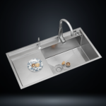 Single Bowl Stainless Steel 304 Kitchen Sink with Left Drainboard 39×20 Inch Handmade 1.5 mm Thick with Unique Step-Down Design – US1409DL (Complete Set with Premium Accessories)