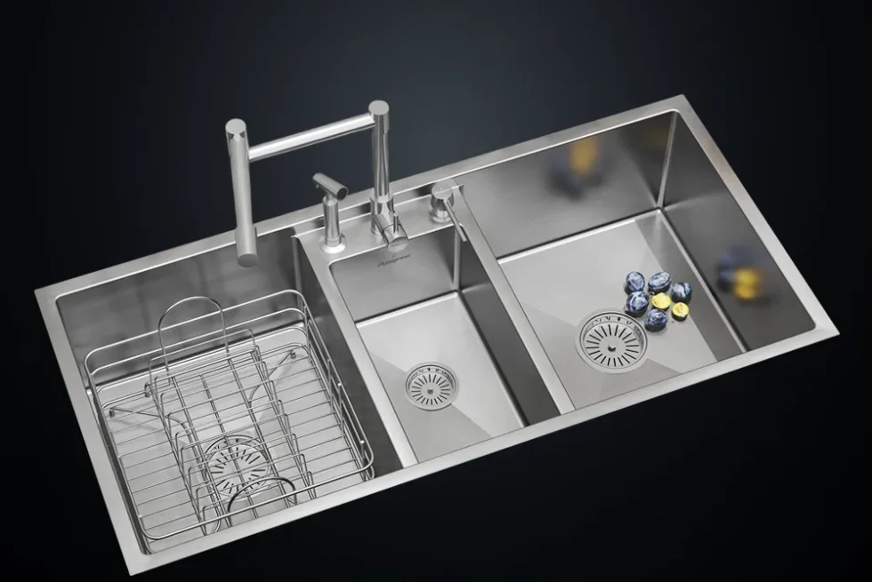 Triple Bowl Stainless Steel 304 Kitchen Sink 45x20 Inch Handmade 1.5 mm Thick Step-Down Workstation Design – US1417TS (Complete Set with Premium Accessories)